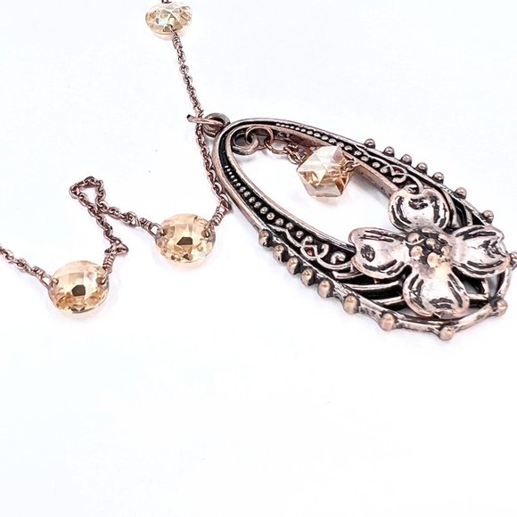 New / Handcrafted - Crystal Accent Flower Drop Pendant Copper Tone 16” Necklace - Picture 6 of 8